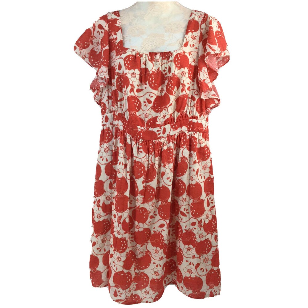 Modcloth A-Line Flutter Sleeve Cotton Dress Apple Print